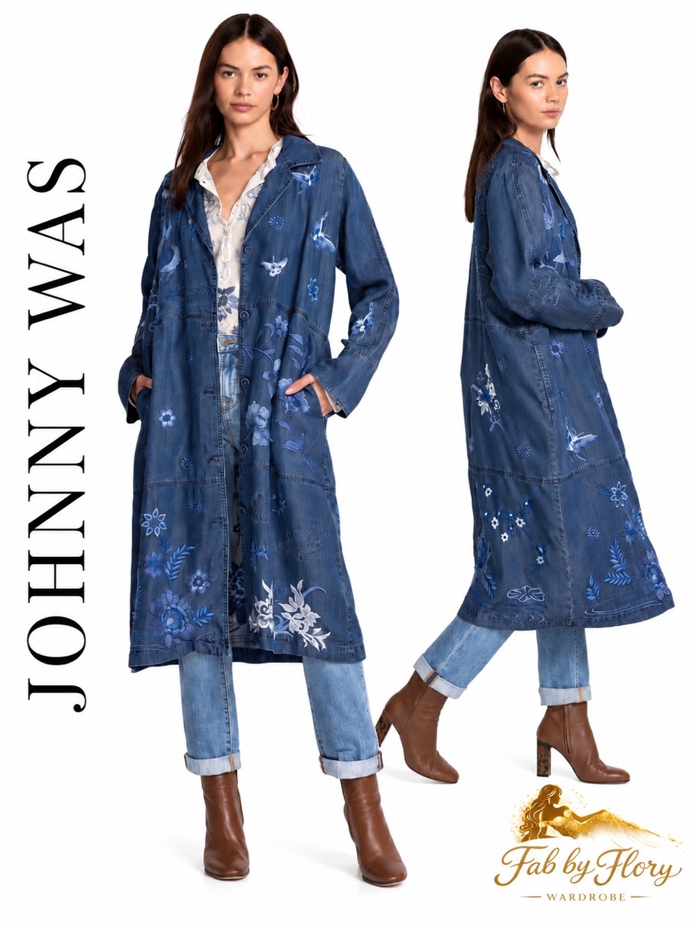 Johnny Was Jazmine Embroidered Lyocell Duster Coat Denim Blue Size M